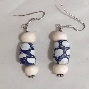 tribal boho blue white beaded earrings hook